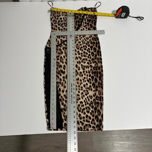 SYMPHONY Leopard Print Strapless Bodycon Sheath Dress Black Trim Mesh Side - Picture 4 of 6